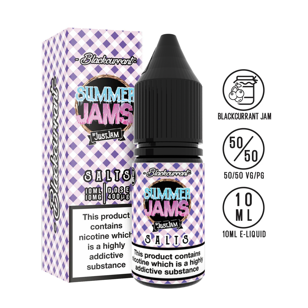 Just jam Summer Jams Blackcurrant 10ml nicotine salt 10mg 20mg available from www.justjameliquid.co.uk