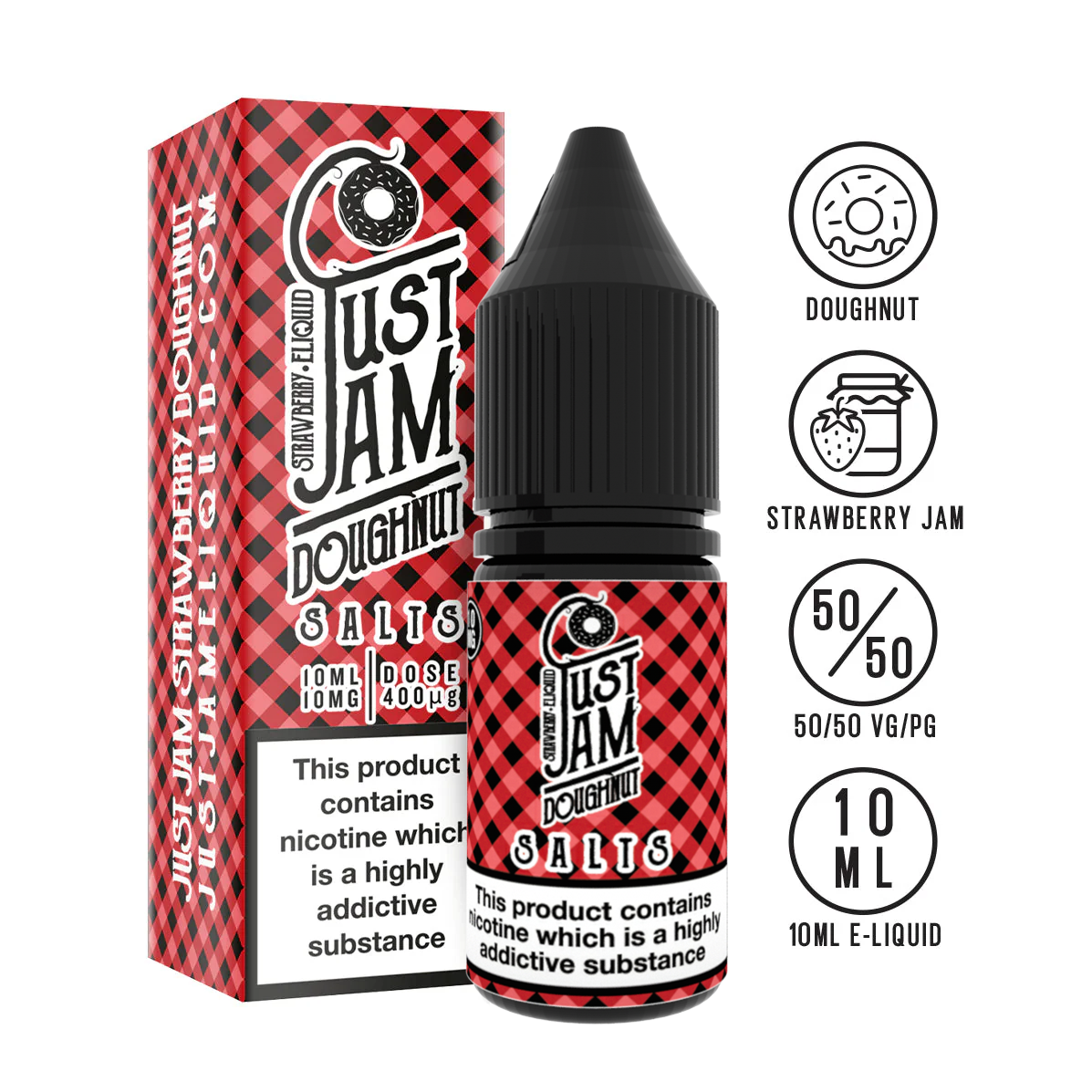 Just jam strawberry doughnut 10ml nicotine salt 10mg 20mg available at www.justjameliquid.co.uk